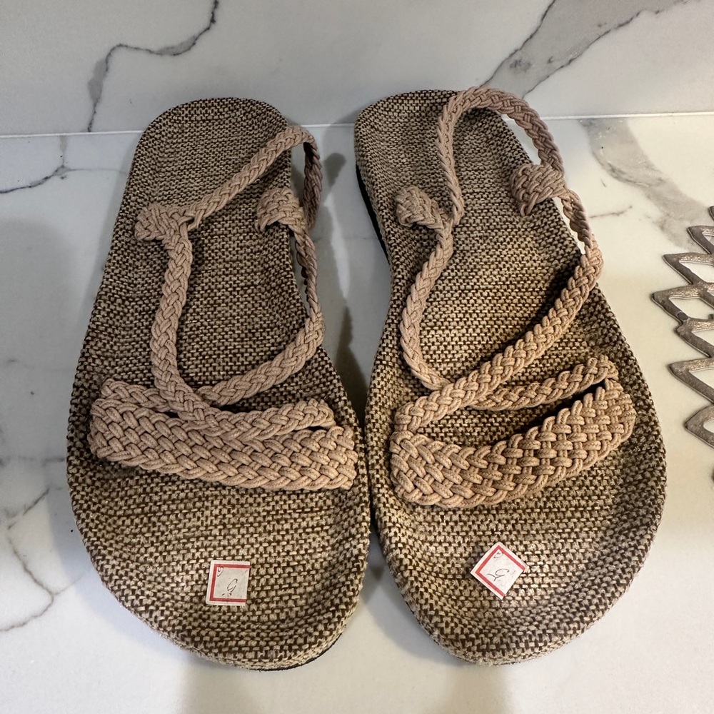 Braided Tan Jute Rattan Sandals in 5